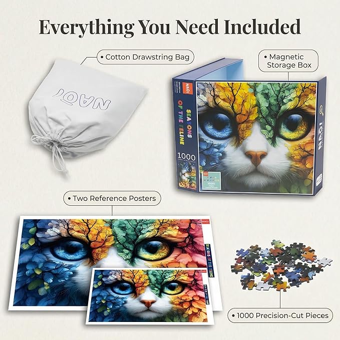 Seasons of The Feline 1000 Piece Jigsaw Puzzle, Four Seasons Cat Art Puzzle for Adults, Vibrant Colors, Premium Magnetic Box & Poster, Challenging Puzzle Gift for Cat & Nature Lovers