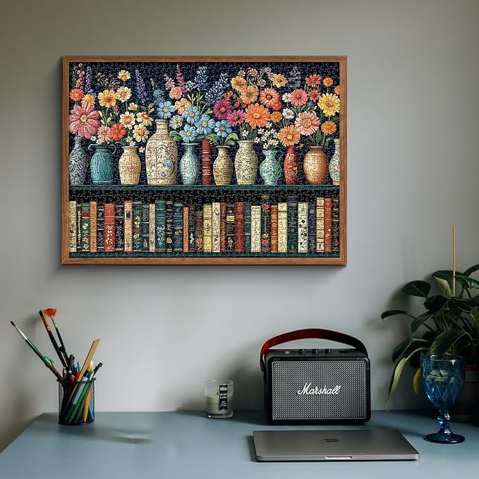 Wildflower Puzzles for Adults 1000 Pieces, PICKFORU Vintage Flower Book Puzzle, Wildflower Pages Jigsaw Puzzle for Book Lover, Floral Art Bookshelf Library Puzzles