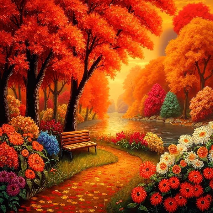 Autumn Park 1000 Piece Puzzle for Adults - Vibrant Fall Foliage, Riverside Bench Art, Poster & Lettered Back, 22.8" Square HD, Gift for Nature & Fall Lovers