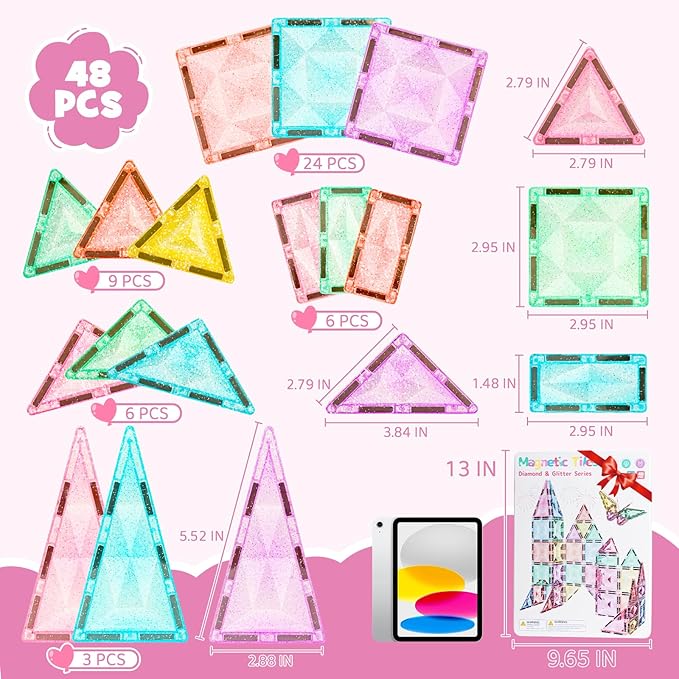 Large Pastel Magnetic Tiles - 48 Pcs Macaron-Colored Glitter Magnetic Blocks with Travel Metal Storage Box - Diamond STEM Toys for Girls Ages 3-8 - Portable Sensory Building Set for Kids
