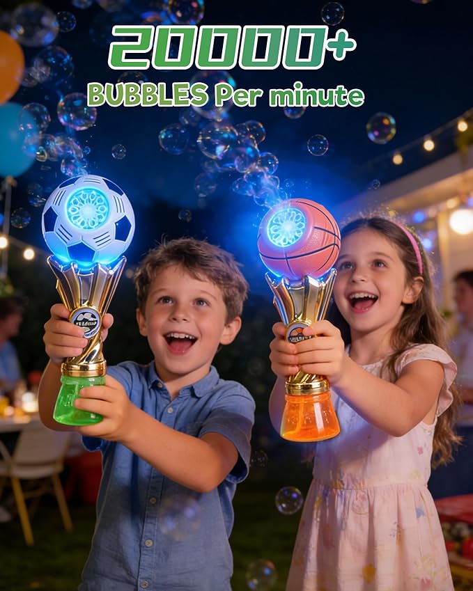 Bubble Machine for Kids – Football Trophy Shape, Automatic Bubble Gun Band with Blue LED Light, Leak-Proof, Includes Bubble Solution, Perfect Outdoor Toy for Toddlers Boys & Girls Ages 3-8