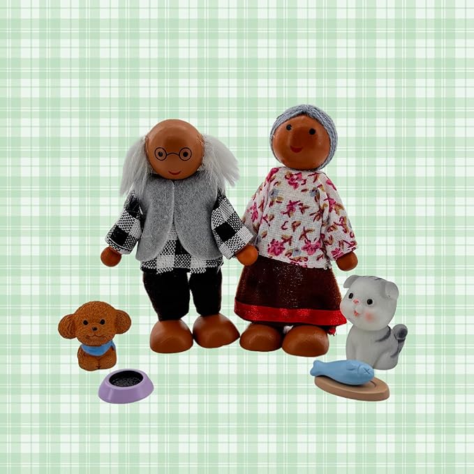12 Pieces Wooden Dollhouse Family Set with Dog Cat Mini People Figures Dollhouse Dolls Wooden Doll Family Pretend Play Figures Accessories for Pretend Dollhouse (Style 3)