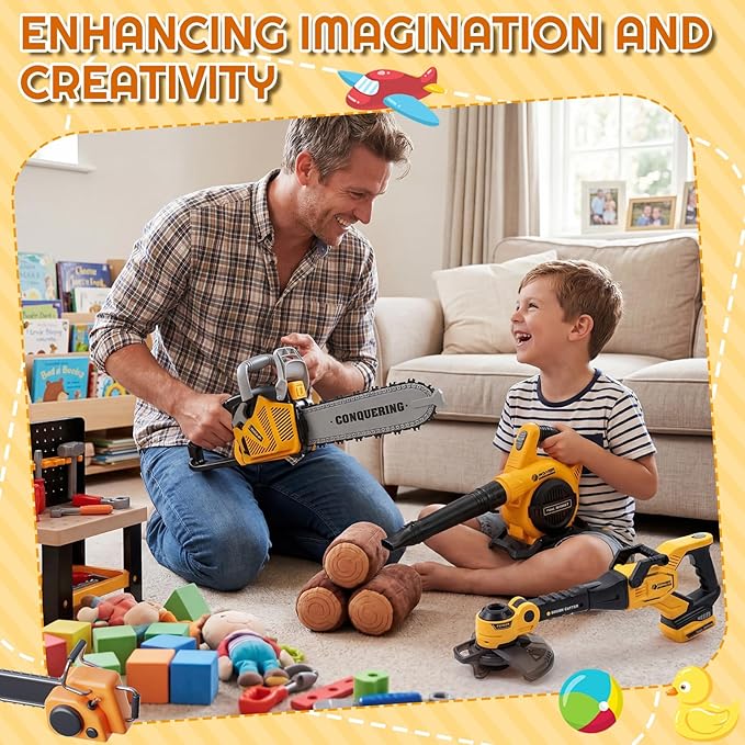 3 Pcs Toy Gardening Tool Set for Kids Toy Leaf Blower Chainsaw Weed Trimmer Play Set with Lights and Sounds Birthday Gifts for Christmas Boys Girls