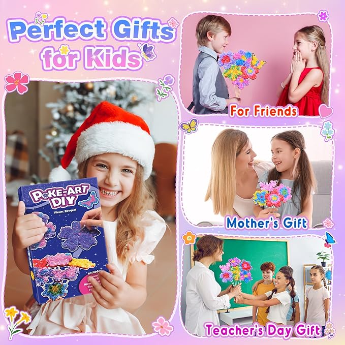 MDINGTD Toys for 4 5 6 7 8+ Year Old Girls, Poke Art Flower Bouquet with 8 Flowers & 2 Butterflies Arts and Crafts for Girls Ages 4-8 DIY Creative Activity Birthday Valentine Gifts Craft Kits