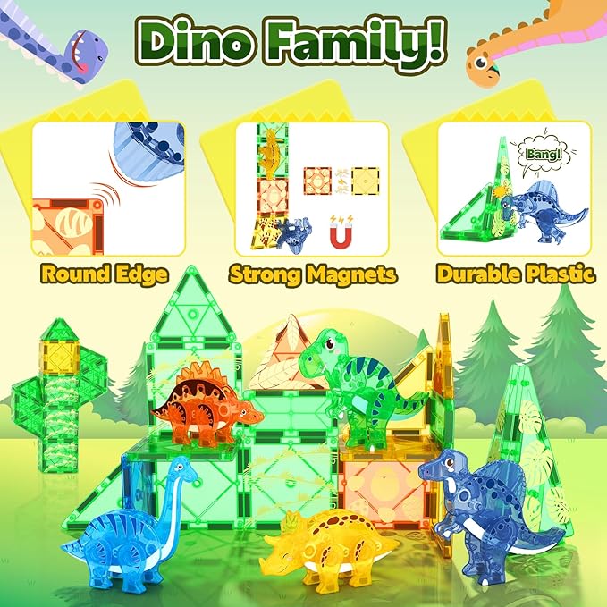 Coodoo Dinosaur Toys Magnetic Tiles 3D Movable Dinos for Kids 3-5 5-7 Toddler Outdoor Sensory Toys, STEM Educational Magnetic Blocks for 3+ Years Old Boys Girls Kids Toy