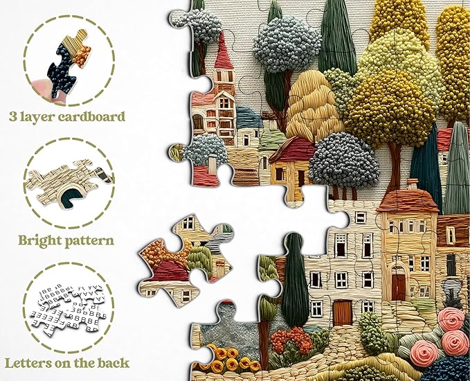 Embroidery Village Jigsaw Puzzle 1000 Pieces, Patchwork Country House Puzzles for Adults Trees, Larkipuzz Impossible Quilting Plants Puzzles for Wall Decor