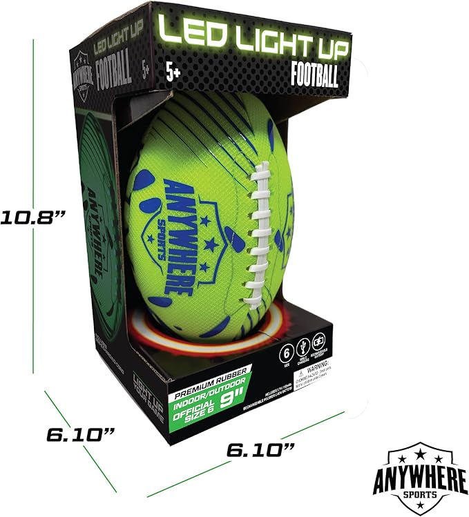 Pro Glow Light-Up Football for Kids – 6 Inch Junior Size Soft Touch Rubber Ball with Rechargeable LED Lights, USB Charging Cable, Indoor Outdoor Night Play Toy