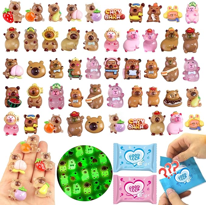 50 Pcs Random Mini Capybara with Glow in the Dark Feature, Individually Packaged Blind Bags – Cute Collectible Resin Toys for Kids, Fairy Gardens, Desk Decor, Party Favors, and Creative DIY Projects