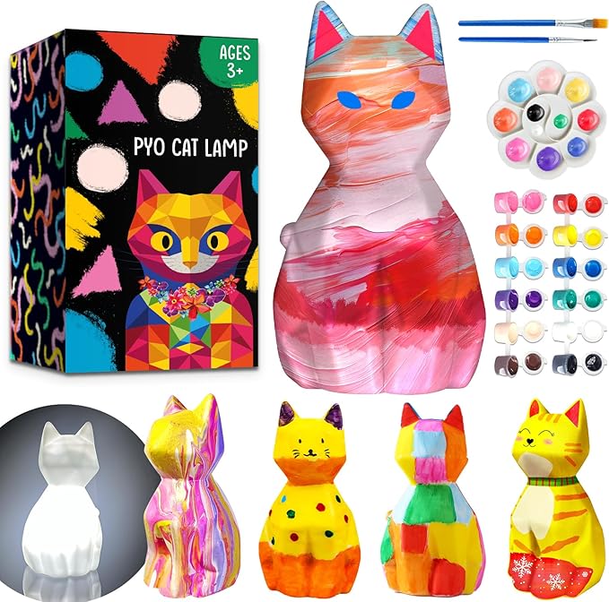 FUNZBO Paint Your Own Cat Lamp Kit - Easter Basket Stuffers, Arts and Crafts Supplies Kitten Painting for Kids Teens, DIY Night Light Toy for Girls Boys Age 3 4 5 6 7 8 9 10 11 12 13 Birthday Gifts