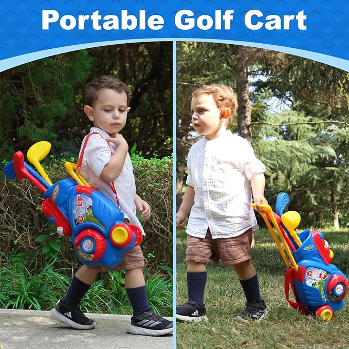 Toddler Golf Set for Boys Girls 1 2 3 4 Years Old, Upgraded Kids Golf Cart with 3 Clubs & 8 Balls, Outdoor Indoor Sports Toys Birthday Gift, Blue
