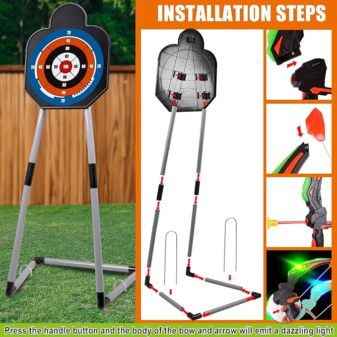TWFRIC 2 Pack Bow and Arrow for Kids - LED Light Up Archery Set with 16 Arrows, 1 Standing Target & 2 Quivers - Fun Indoor/Outdoor Toy for Boys & Girls Aged 3-12