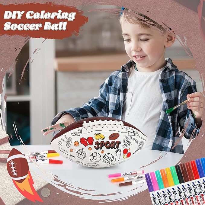 Size 6 Color Your Own Football Brown DIY Custom Craft Kit with Pump 12 Markers Personalized Youth Toddler Training Paint Your Own Toy Creative Gift for Kids (Brown Foorball, 6)