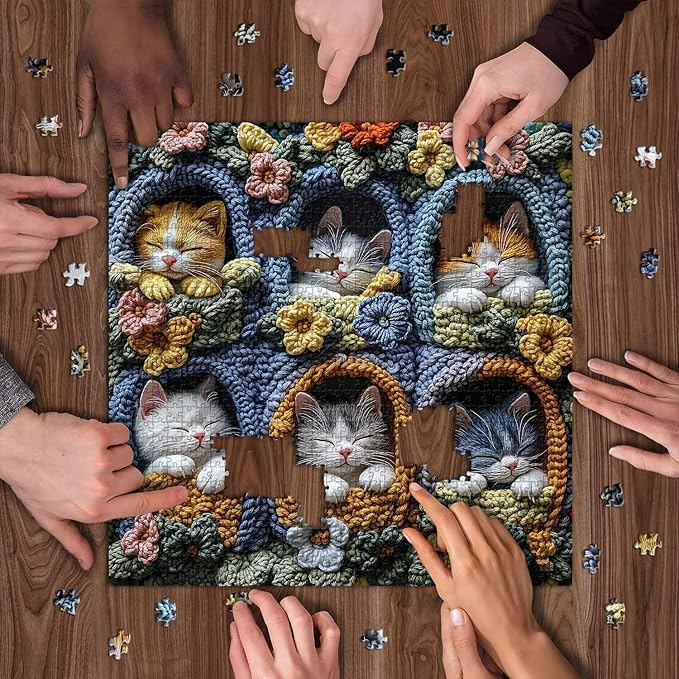 Cat Puzzles for Adults 1000 Pieces, PICKFORU Cute Kitten Puzzle Wildflowers Embroidery, Difficult Animal Flower Art Theme as Wall Decor