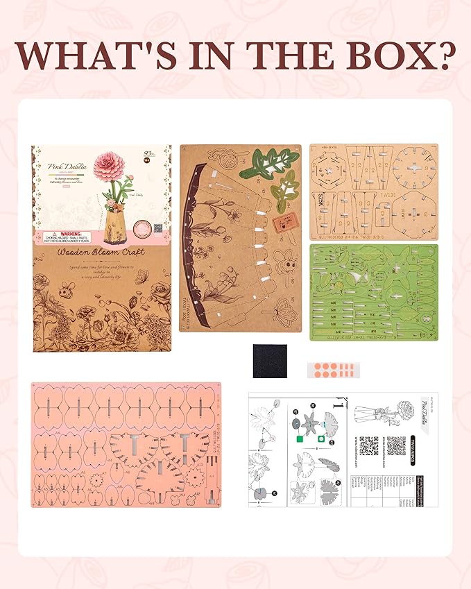 ROBOTIME Pink Dahlia 3D Wooden Puzzle - DIY Flower Craft Kit for Adults, Buildable Artificial Dahlia Model, Valentine's Day Gift for Her, Home Office Decor, Birthday Mother's Day Present