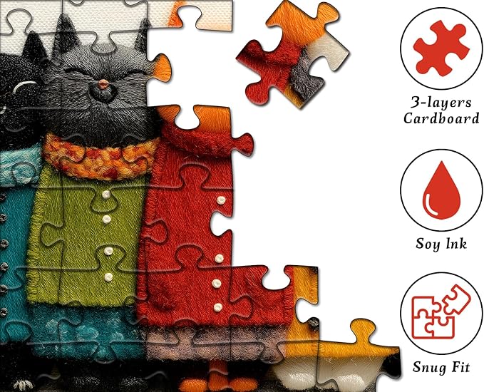 Cat Puzzle for Adults,Cozy Cat Art Jigsaw Puzzle 1000 Pieces, Cute Colorful Kitten Puzzles Embroidery Style, Funny Whimsical Cat Puzzle Kitty Challenge