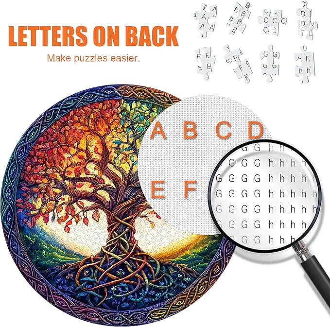 Tree of Life Puzzles for Adults 1000 Pieces - Stained Glass Jigsaw Puzzle with 3D Visual Effect, Challenging Colorful Mosaic Puzzle with Letters on Back, Challenging Hard Difficult Round Puzzles Games