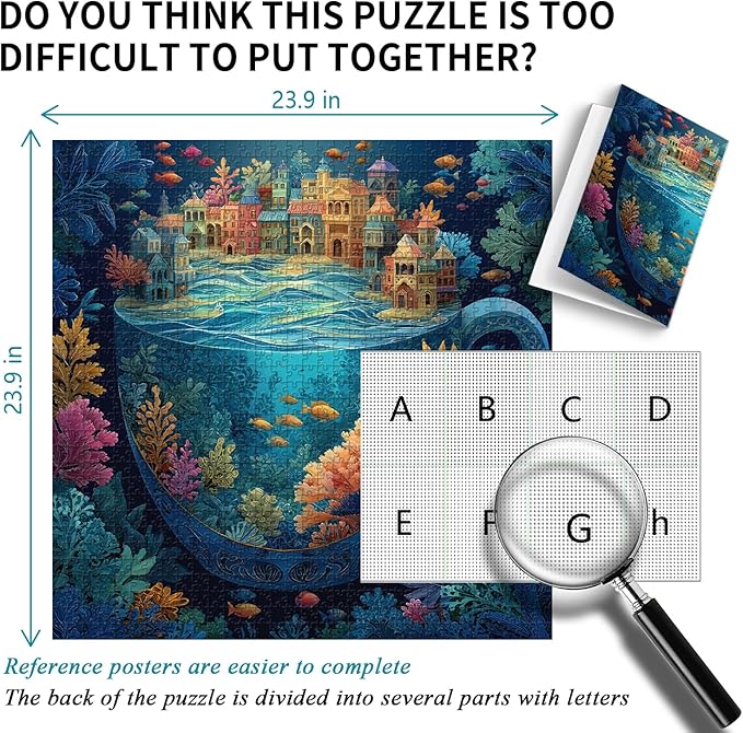 PICKFORU Ocean City for Adults 1000 Pieces, Colorful Fantasy Cup Jigsaw Puzzles Coral Fish, Difficult Challenging Sea Landscape Theme as House Decor