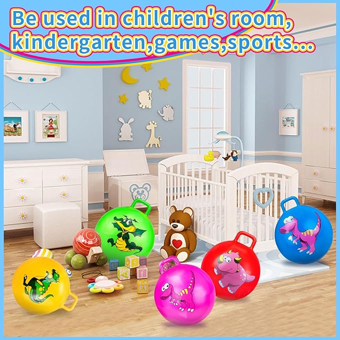 Hymaz 5 Pcs 18 inch Hopper Ball, Dinosaur Toddler Ride On Toys, Bounce Balls with Handles and Air Pump for Kids 2-6 Years, Jumping Hopping Ball for Girl Boy Outdoor Garden Fun Races