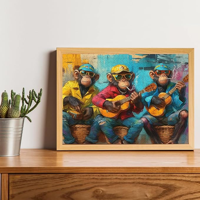 Guitar Monkey Puzzles for Adults 500 Pieces - Funny Gorilla Jigsaw Puzzle, Colorful Monkey Art Puzzle with Letters on Back, Challenging Hard Difficult Cartoon Animal Puzzles as Game Room Home Decor