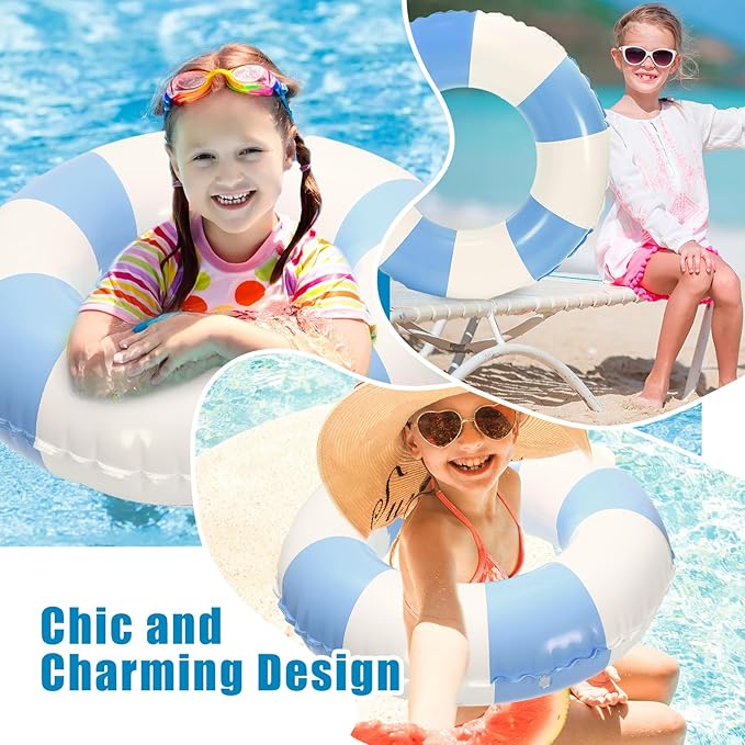 Whaline 4Pcs Inflatable Swimming Float Toy Striped Swim Ring Fun Print Pool Lounger Tube for Summer Swimming Beach Party
