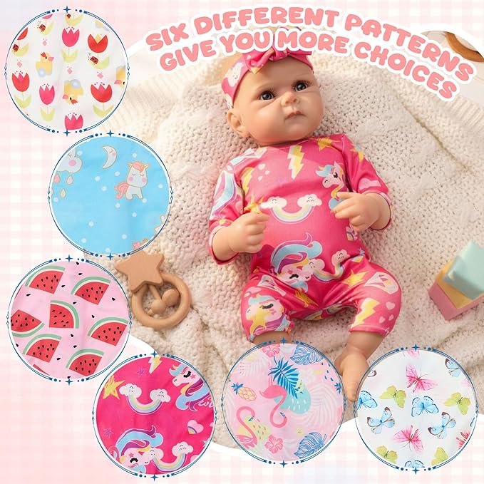 6 Set 18In Reborn Baby Doll Clothes Accessories Romper Suit and Bow Headband for Newborn Baby Doll Girl Kids Gift
