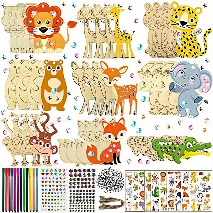 ShaoAngDuoMi 27PCS Paint Your Own Wooden Animal Crafts Kit – DIY Unfinished Wood Ornaments for Kids with Paint Pens & Stickers, Outdoor Art Activity, Garden Tree Hanging Decorations, Creative Gift