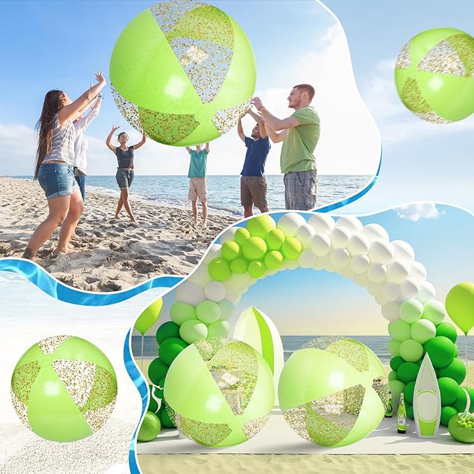 Realspring 2 Pcs 48'' Giant Beach Balls for Swimming Pool 4 Ft Jumbo Glitter Confetti Inflatable PVC Pool Balls Large Summer Blow up Beach Toys for Adults Summer Outdoor Party Favor(Green)