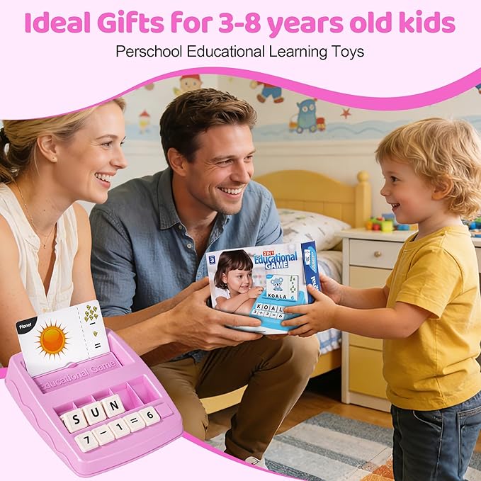 Educational & Learning Toys for Kids, 3-8 Years Old Matching Games with Letter & Math Flash Cards, Christmas Birthday Gifts for Preschool Boys Girls Grandkids- Pink