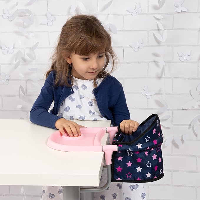 Bayer Design Doll Table Seat for 18 in Dolls - Navy, Hot Pink, Stars, Foldable Dining Chair with Tray