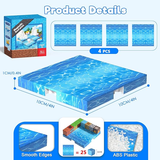 4PCS Magnetic Blocks Base Plates for Kids, 4" x 4" Strong Grip Magnetic Tiles Base Fits Most Popular Magnetic Blocks & Cubes, STEM Building Toy Birthday Gifts for Boys Girls Ages 3+ (Water)