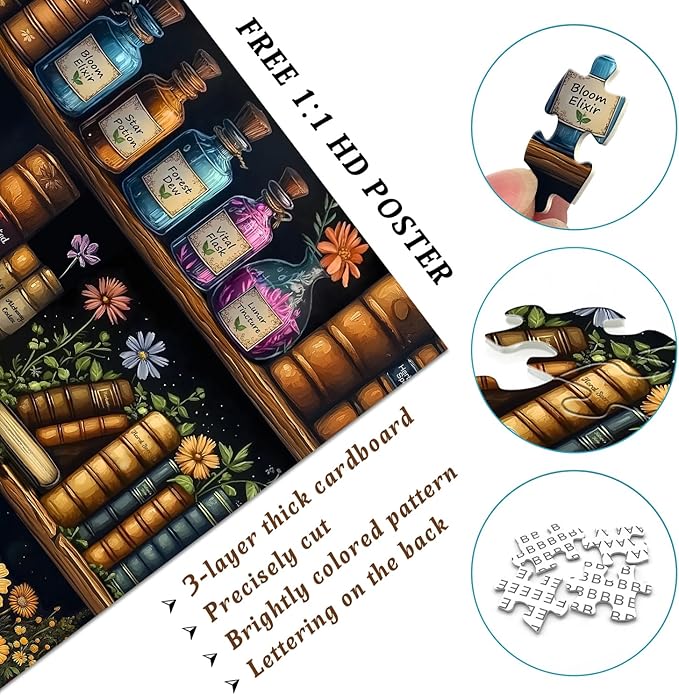 Magic Bookshelf Puzzles for Adults 1000 Pieces, Vintage Book Wildflower Pages Jigsaw Puzzle 1000 Pieces, Plant Floral Potion Mushroom Puzzle, Retro Challenging Hard Puzzle for Book Lovers