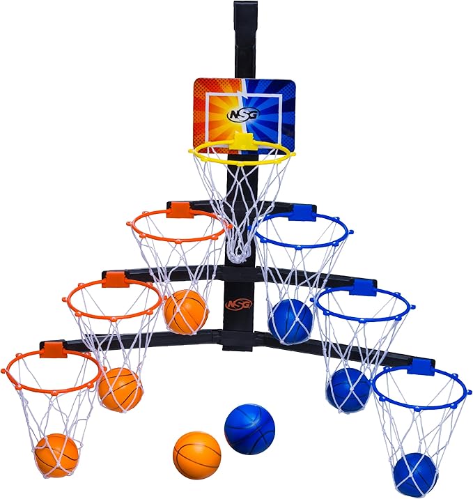 NSG Over The Door Basketball Hoop - Adjustable Height 7 Hoop Race Pyramid with 8 Mini Foam Balls & Carry Bag, Wall-Mounted, Easy Setup, Kids Indoor/Outdoor Game for Ages 5+ Years