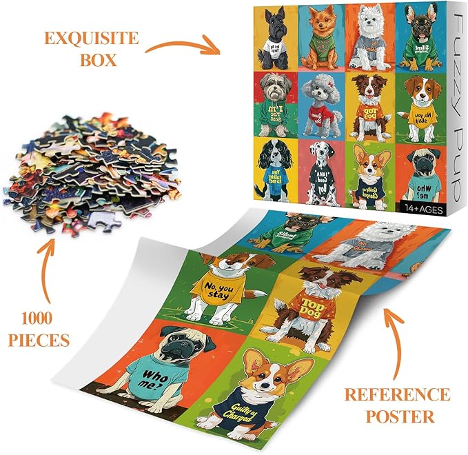Funny Dog Puzzle 1000 Pieces for Adults, Colorful Puppy Collage Jigsaw Puzzles, Cool Cute Animal Puzzles as Home Decor