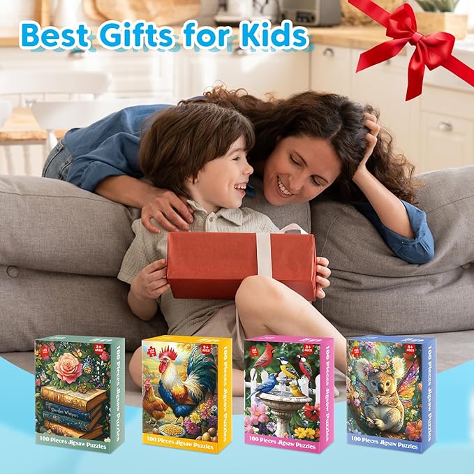 4 Packs 100 Piece Jigsaw Puzzles for Adults - Vintage Puzzles – Large Pieces Puzzle for Seniors Easy Beginner Kids Puzzle 8-10 Gifts for Girls Boys – 11" x 15" Each