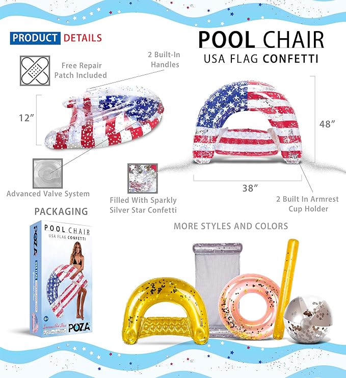 POZA Inflatable USA Pool Float - Luxurious Fun Lounger Filled with Sparkle Silver Stars Confetti, Cool USA Flag Design Water Swimming Pool Floaties for Beach, Lake & Pool