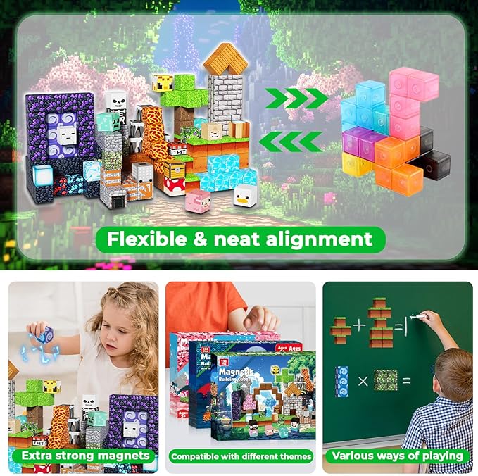 150 PCS 0.8in Magnetic Blocks - Easter Toys, Magnetic Building Blocks Cubes, Stacking Magnets, School STEM Toys Birthday Gifts for Boys and Girls Age 3+ Years Old (Theme: Adventure World)