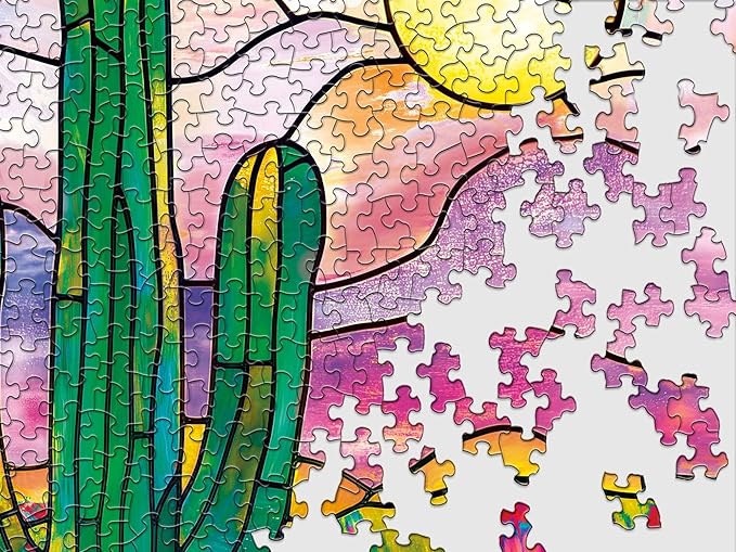 Springbok Desert Glow 500 Piece Jigsaw Puzzle for Adults - Stained Glass Cactus - Unique Cut Pieces - Made in USA