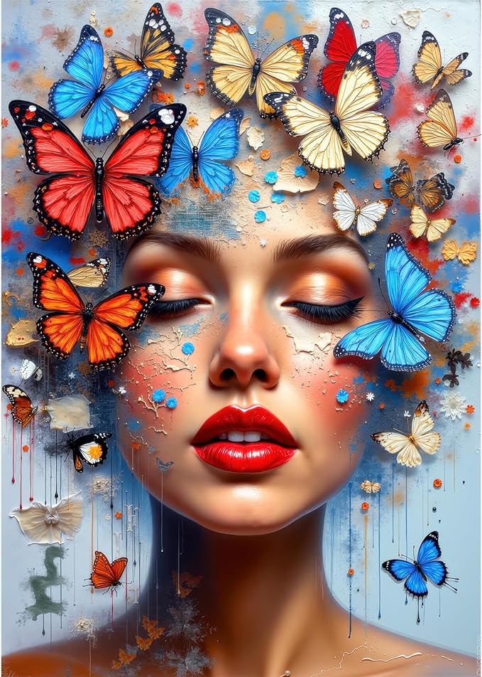 Butterfly Woman Face Puzzles for Adults 1000 Pieces, High Difficulty Surreal Abstract Portrait Art Jigsaw Puzzle with Letters on Back, 20x28 Unique Wall Decor & Family Game, Easter
