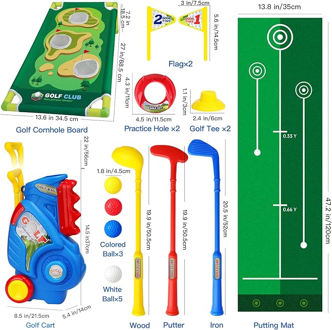Toddler Golf Set for Boys Girls 1 2 3 4 Years Old, Upgraded Kids Golf Cart with Putting Mat & Cornhole Board, Outdoor Indoor Sports Toys, Blue