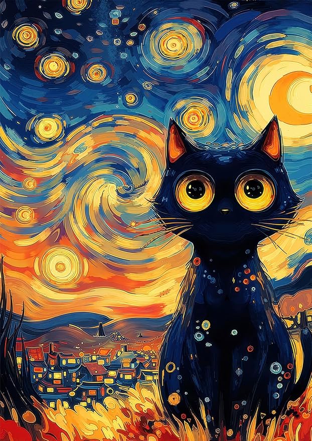 Starry Night Black Cat 1000 Piece Puzzle for Adults - Van Gogh Inspired Art, Whimsical Town Scene, Poster & Lettered Back, 20"x28" HD, Gift for Cat & Art Lovers
