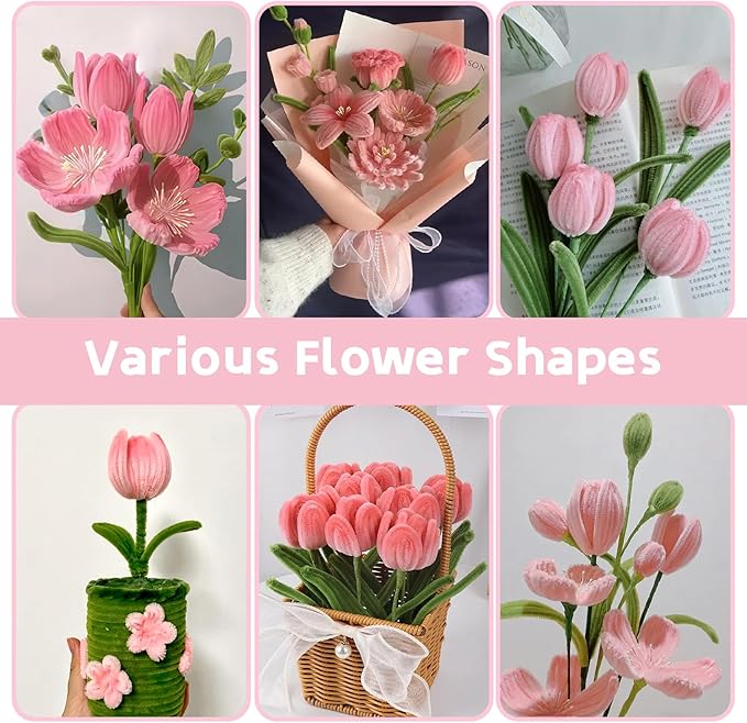 CllyCnny Pipe Cleaners Craft - 400 PCS Chenille Stems Flower DIY Kit Green Pink Pipecleaners Bulk with Stamens Floral Stems Tapes Ribbons Instructions for Tulip Bouquet Making Arts and Crafts Supplies