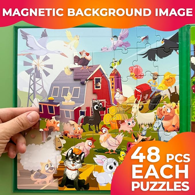 QUOKKA Magnetic Puzzles for Toddlers 2-4 – 2x48 Pieces Travel Games for Kids Ages 3-5 – Forest & Farm Animals Magnetic Puzzles for Kids Ages 4-8 – Educational Puzzle Gift Toy for Boys and Girls