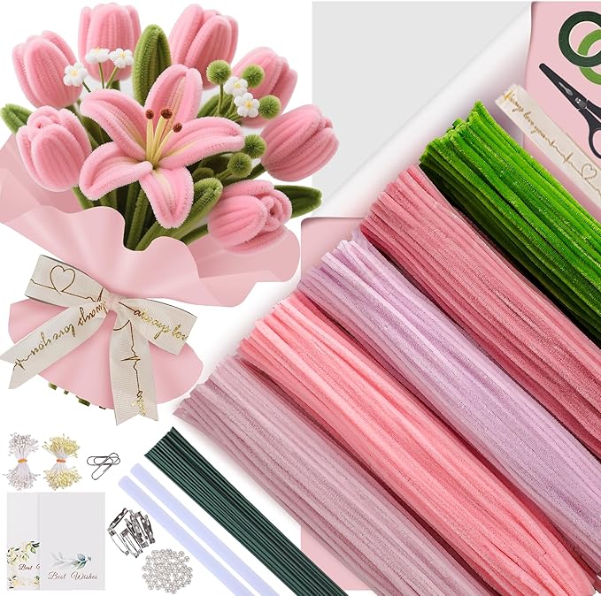 500 Pcs Pipe Cleaners Craft Kit for Flower Making, Complete DIY Bouquet Set with Chenille Stems, Craft Wire, Stamen, Tape, Ribbon & More, Perfect for Arts, Handmade Gifts & Decorations