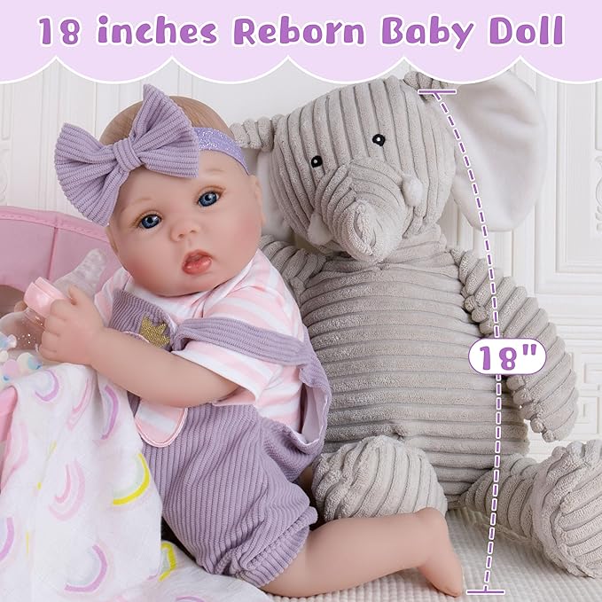 EKOKIZ Lifelike Reborn Baby Dolls - 18 Inch Realistic Baby Doll Cloth Body Newborn Girl with Elephant Outfit & Accessories, Gift Box Included for Kids Role Play, Cuddling & Collectors