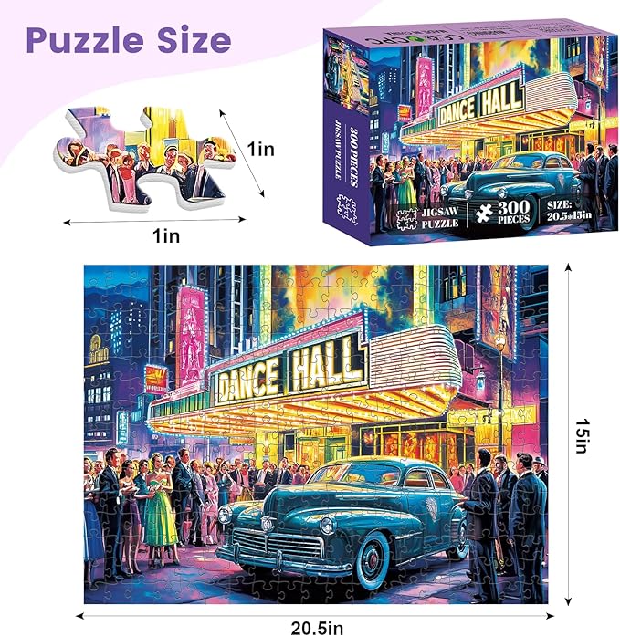 300 Piece Puzzles for Adult, Neon Dance Hall Puzzle, Classic Car Vintage Jigsaw Puzzle, Recycled Cardboard Large Piece Puzzle, Challenging Family Activity Game Gift for Friend 20.5 * 15 Inch