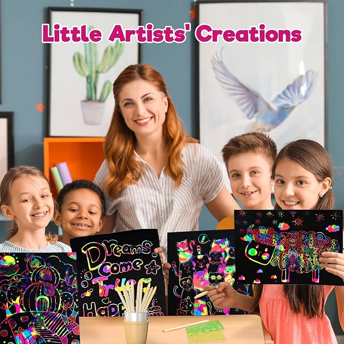 ZMLM Scratch Paper Art Crafts Kids Gifts, 100PCS Rainbow Scratch Paper Art for 3 4 5 6 7 8 9 Years Old Girls Boys, Arts and Crafts for Kids 4-6, Birthday Gifts Toys and Party Favors (Pink)