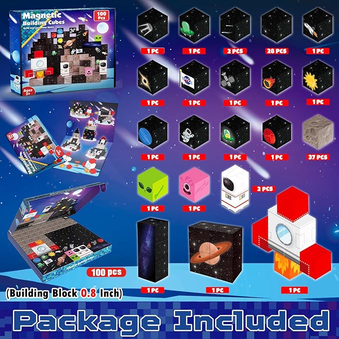 Magnetic Blocks-100PCS Magnetic Building Blocks,Space Rocket Magnetic Tiles Cubes 2026 Upgraded STEM Game, Christmas Birthday Gifts for 3 4 5 6 7 8 9 10 Year Old Boys and Girls