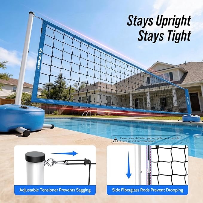 Pool Volleyball Net Set for Inground/Above Ground with Adjustable 15-30FT Length, Pool Games for Adults and Family, Poolside Volleyball Nets with Ball, Pump, Heavy Duty Poles, Weighted Base