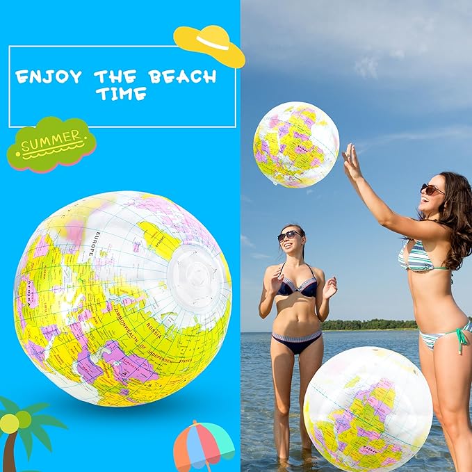 16 inches Inflatable Globe Blow up World Globe PVC Earth Beach Ball Globe Toys for Kids Swimming Pool Game Classroom Playing or Teaching Party Favors Decorations