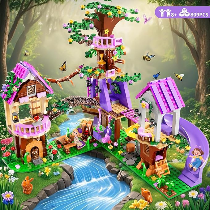 2025 Upgraded Treehouse Building Blocks Toy for Girls, 809PCS Forest Girl Tree House Building Set, Adventure Camp Set with Animals and Pool, Birthday Gifts for Kids Girls Boys Age 8 9 10 11 12+